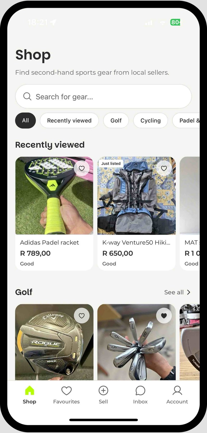 PlayFair app — Shop screen showing secondhand golf, padel and hiking gear listings